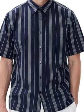 NWT THEORY Men’s Noll short sleeve Summer Dobby STRIPED SHIRT BALTIC BLUE XL